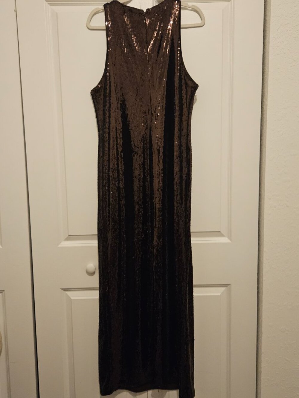 Banana Republic Sequin Maxi Dress Size XL Brown Bronze Sleeveless Back Zip Forma